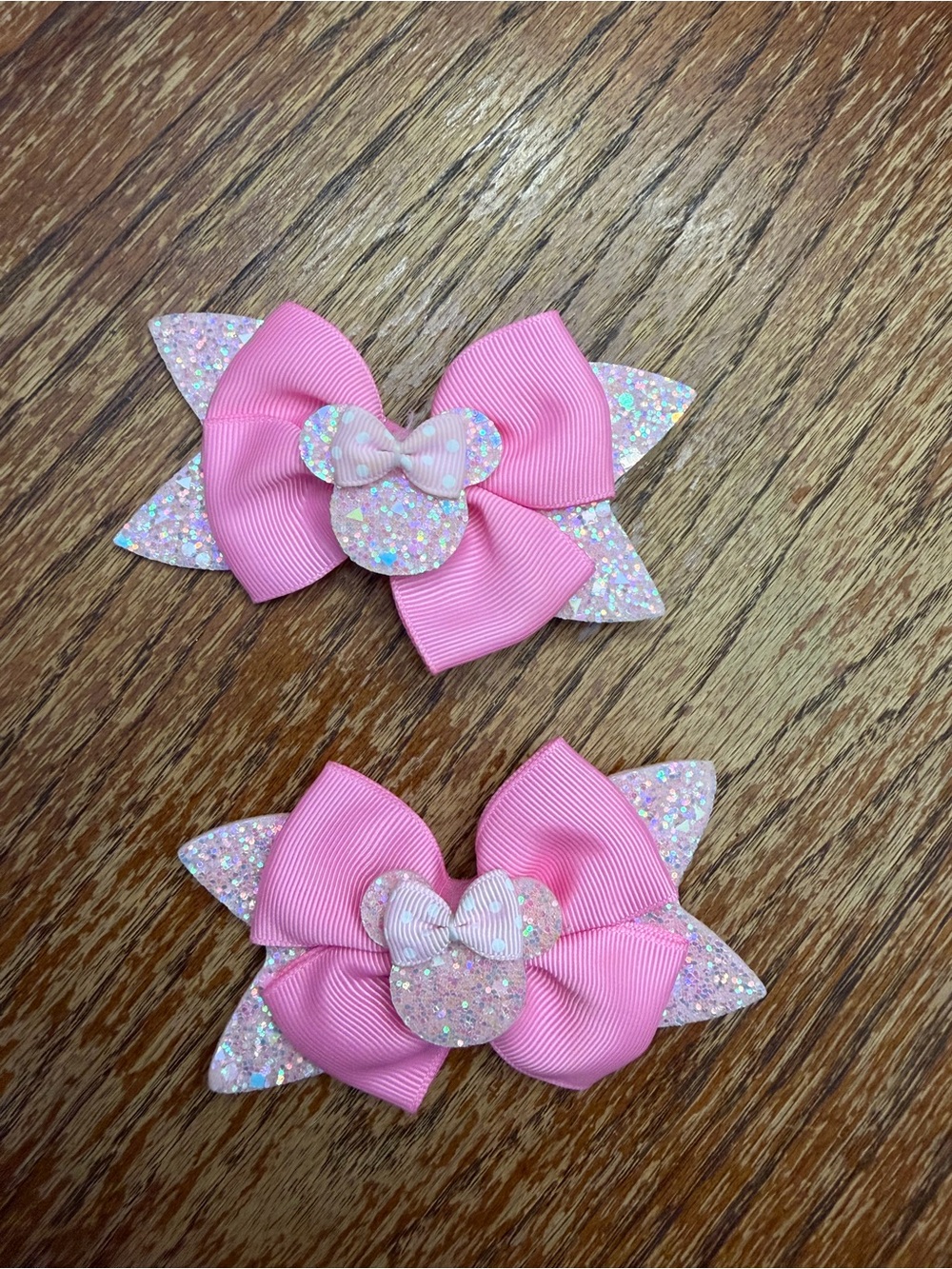 Pink Glitter Minnie Mouse  Ear Hair Bows - Set of 2 4.5inches